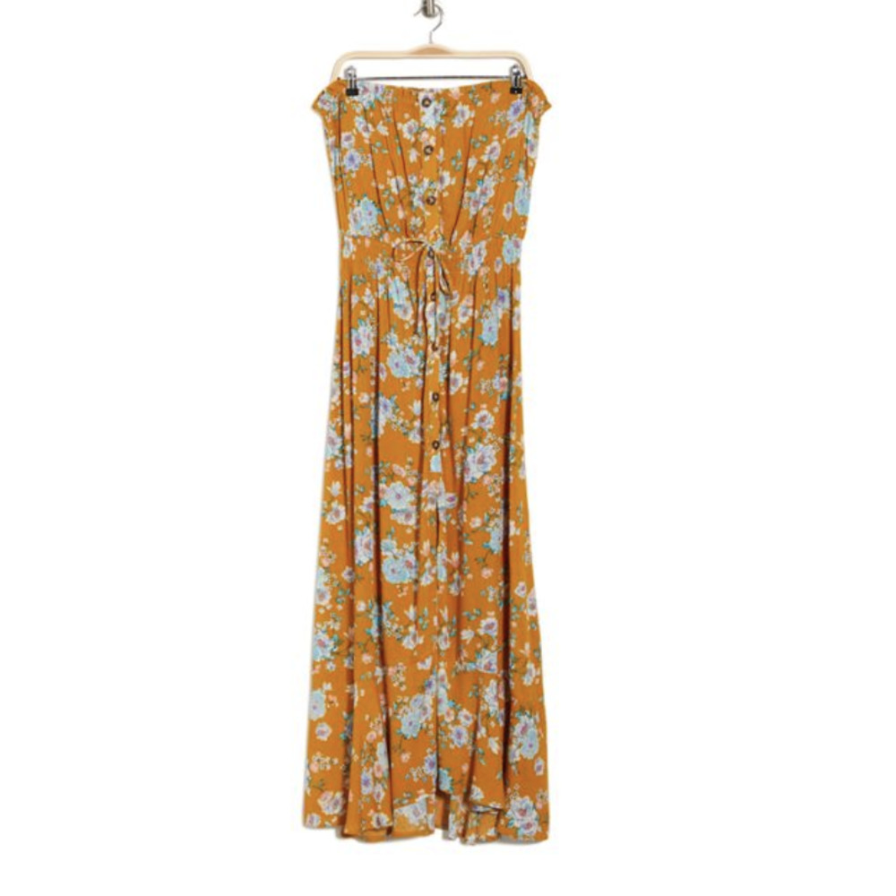 Socialite Strapless Button Front Maxi Dress In Yellow Floral